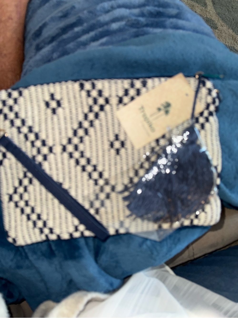 Woven Navy and off White clutch